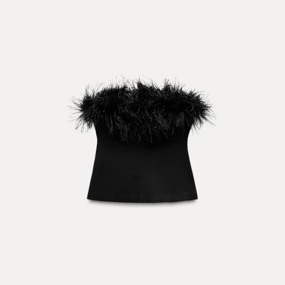 BNWT Zara Strapless Feather Top in Black, Size Large - Picture 4 of 6